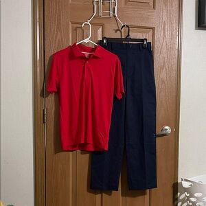 NWT kids French Toast Navy Relaxed Fit Pants and red polo shirt large 14